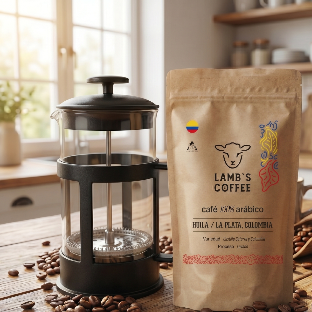 Pack prensa francesa + Café de Especialidad Colombia.